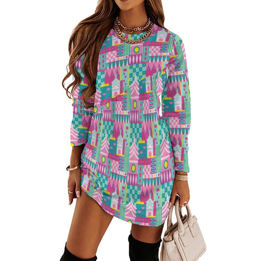 Small World Long Sleeve Patchwork T-shirt Dress