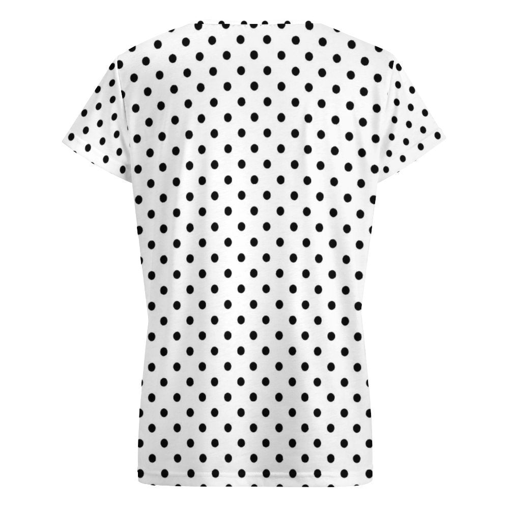 White With Black Polka Dots Women's V-Neck Short Sleeve T-Shirt