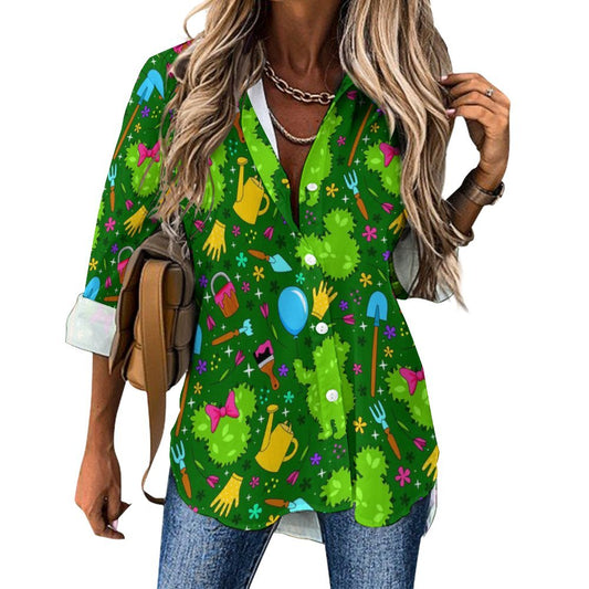 Flower And Garden Long Sleeve Button Up Blouse