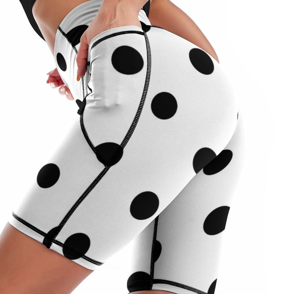 White With Black Polka Dots Women's Knee Length Athletic Yoga Shorts With Pockets