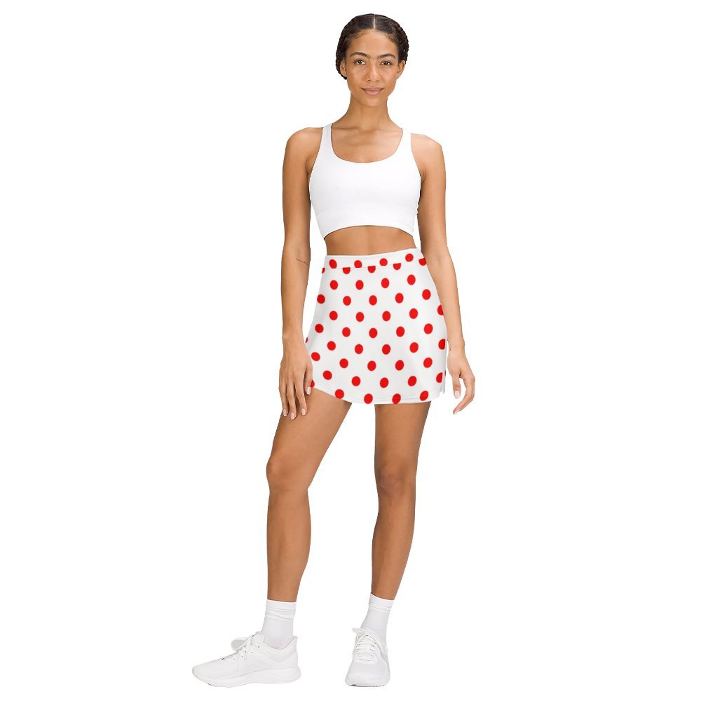 White With Red Polka Dots Athletic A-Line Skirt With Pocket Solid Shorts