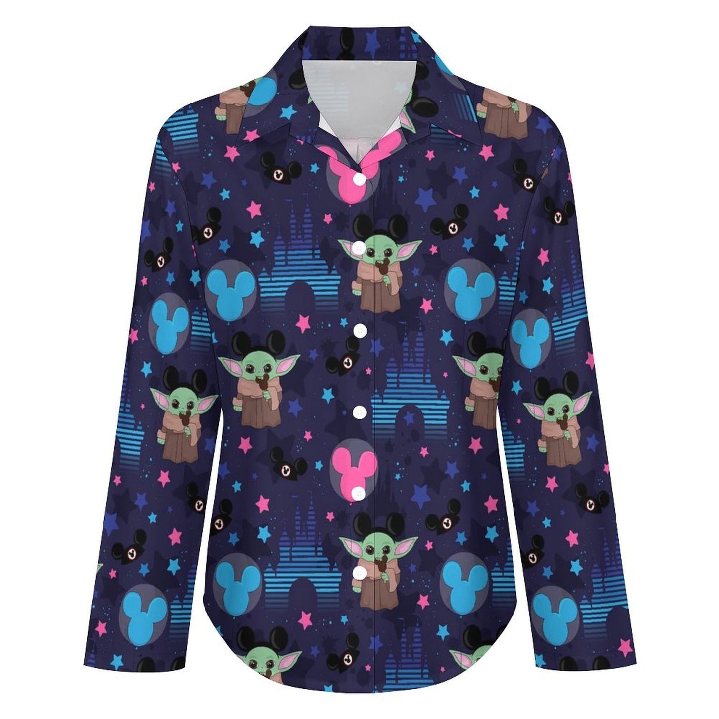 Star Wars Baby Yoda Castles Long Sleeve Button Up Blouse
