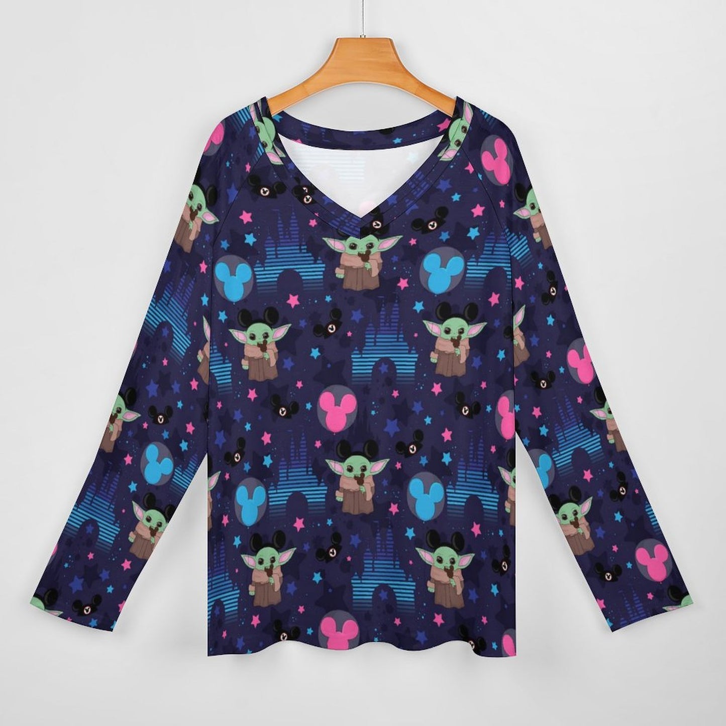 Star Wars Baby Yoda Castles Long Sleeve Loose V-Neck Tee