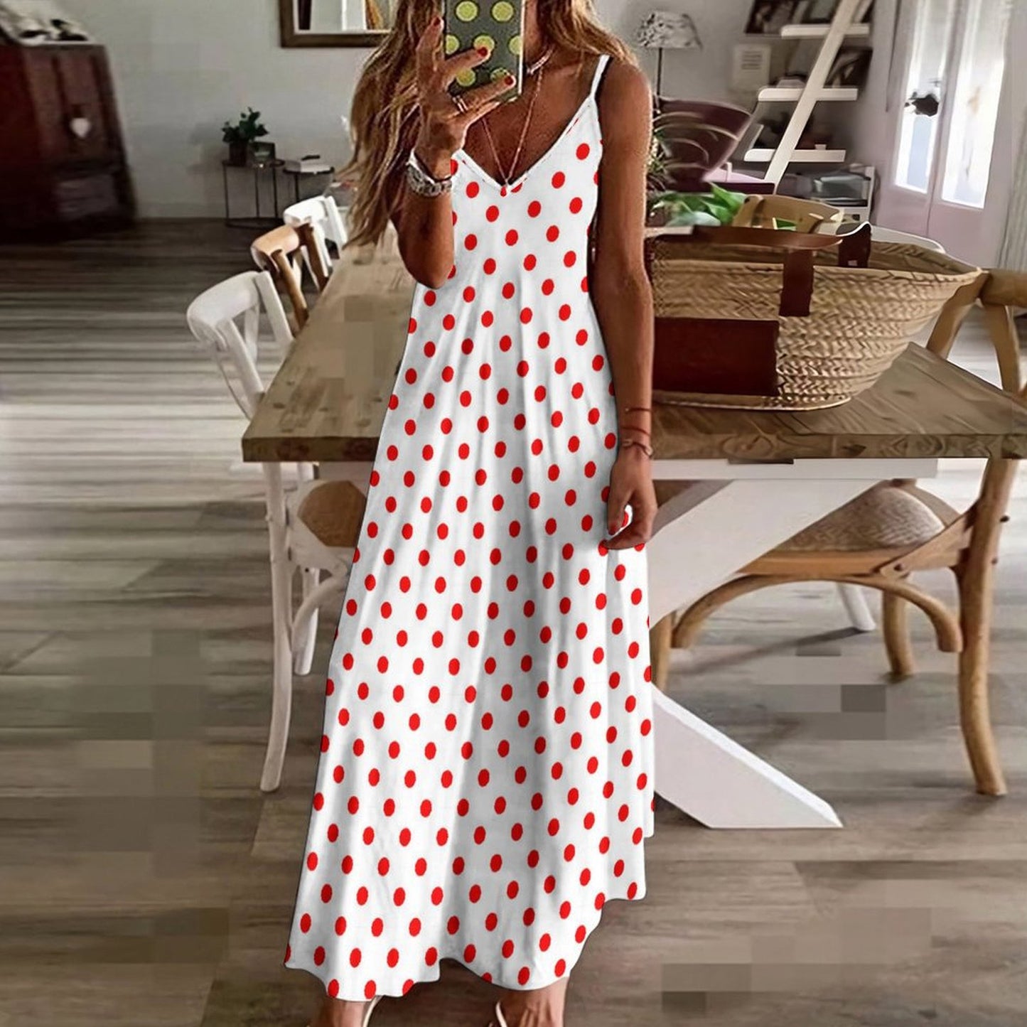 White WIth Red Polka Dots Women's Summer Slip Long Dress