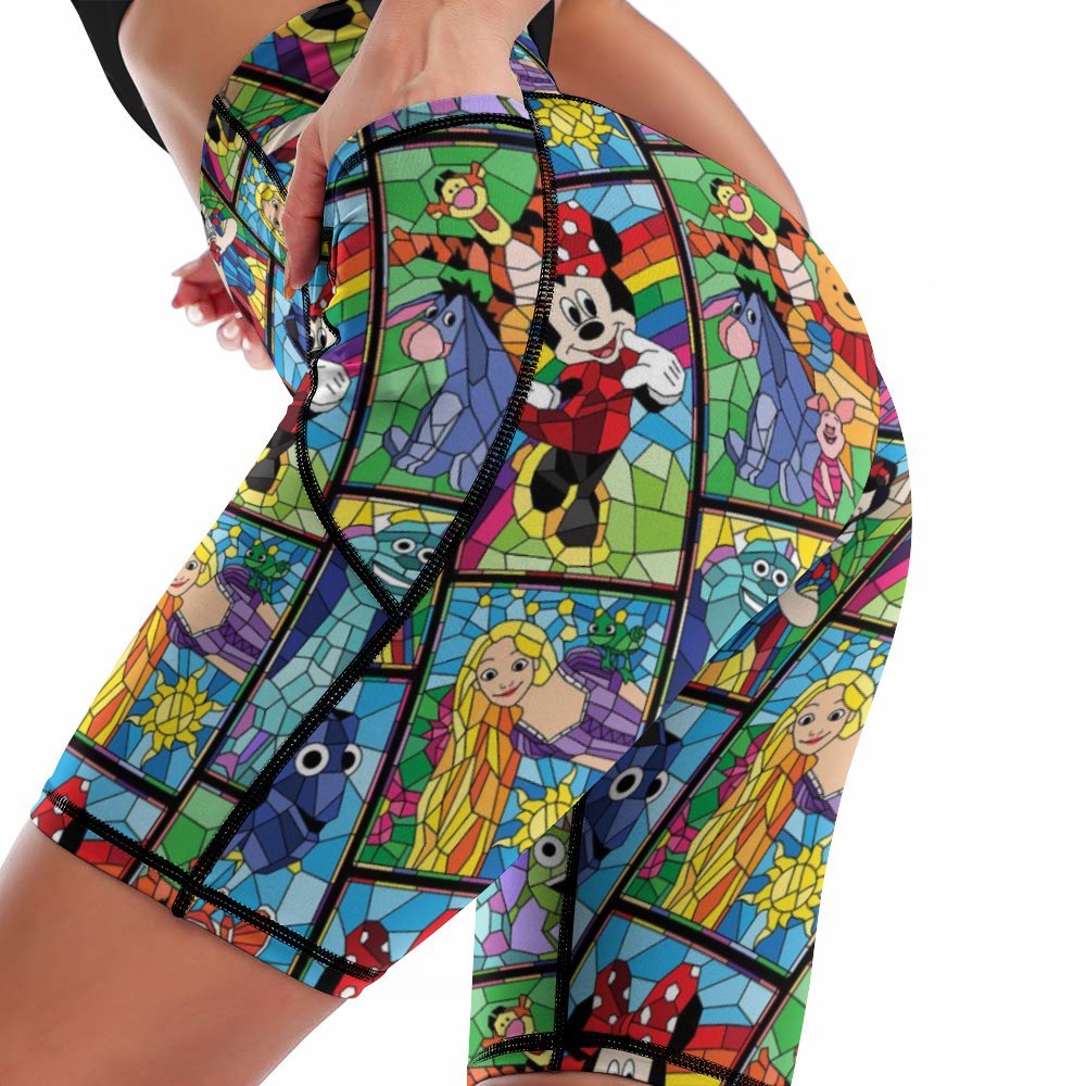 Stained Glass Characters Women's Knee Length Athletic Yoga Shorts With Pockets