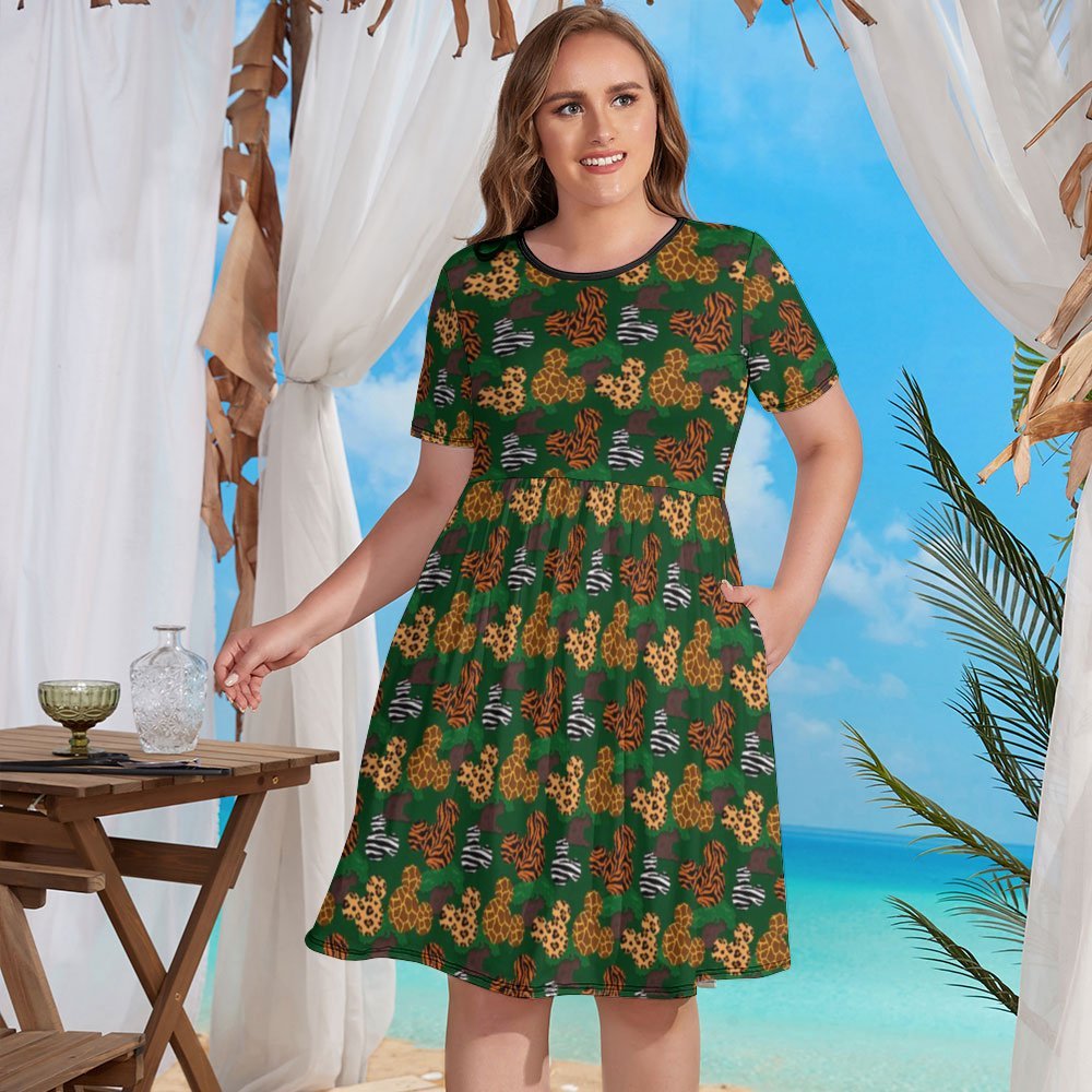 Disney Animal Prints Women's Round Neck Plus Size Dress With Pockets