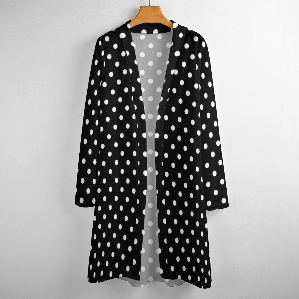 Black With White Polka Dots Women's Mid-Length Cardigan