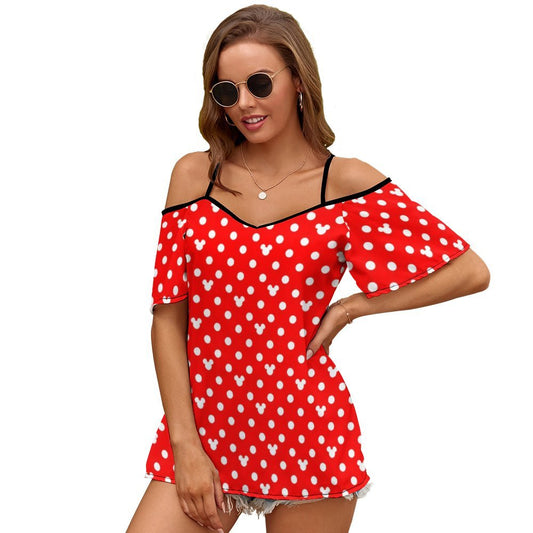 Red With White Mickey Polka Dots Women's Off-Shoulder Cold Shoulder Camisole Top