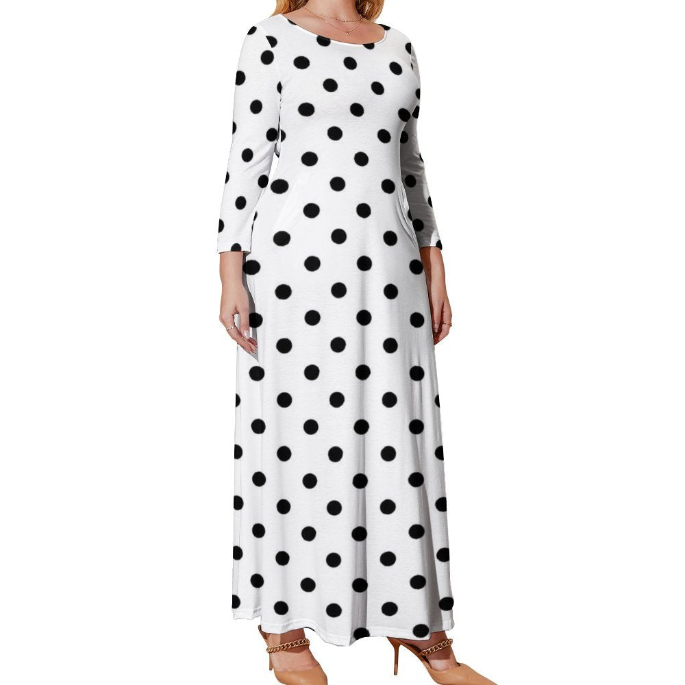 White With Black Polka Dots Plus Size Loose-Fit Long Sleeve Dress