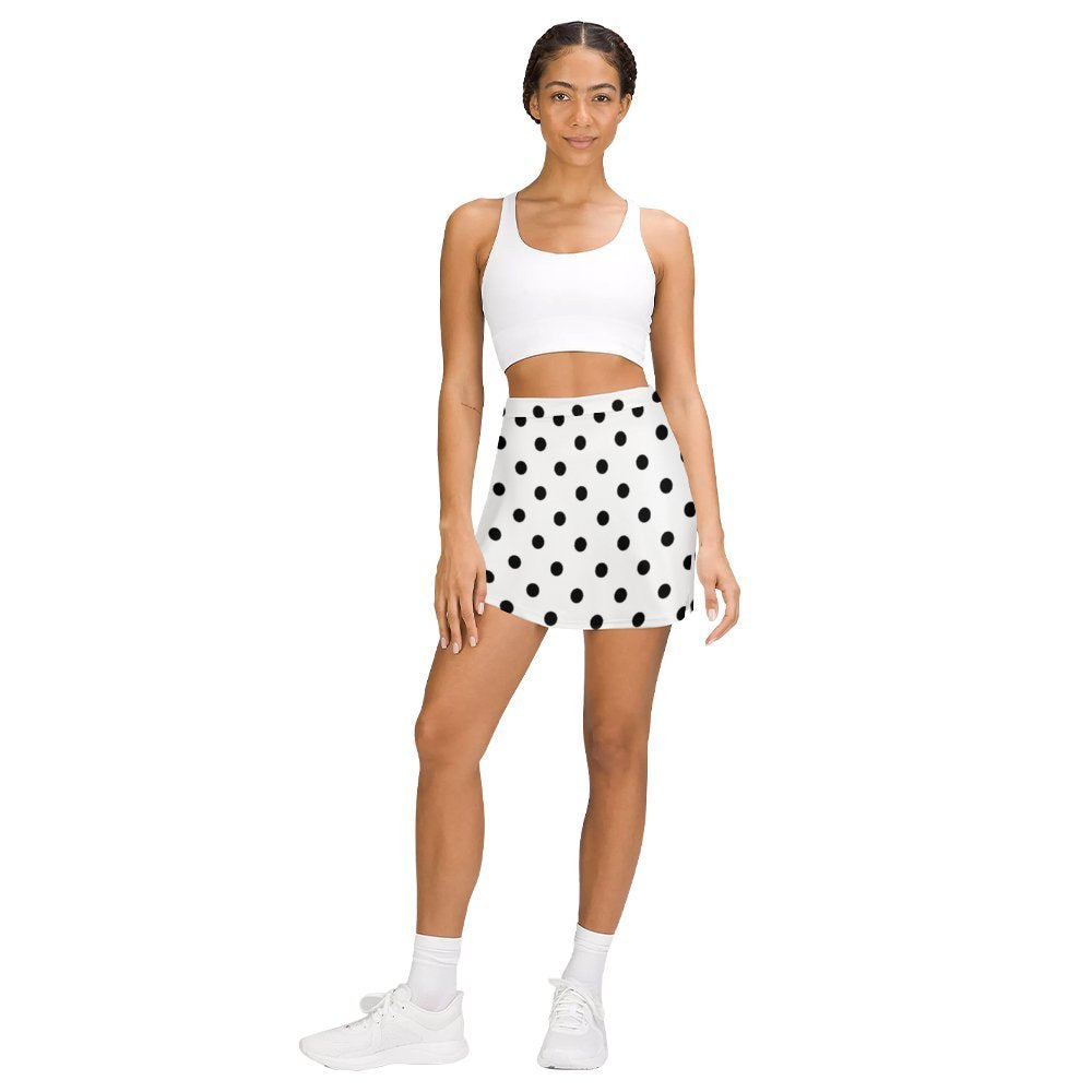 White With Black Polka Dots Athletic A-Line Skirt With Pocket Solid Shorts