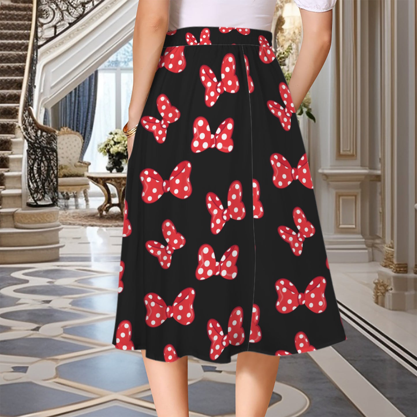 Polka Dot Bows Elastic Waist Midi Skirt With Pockets