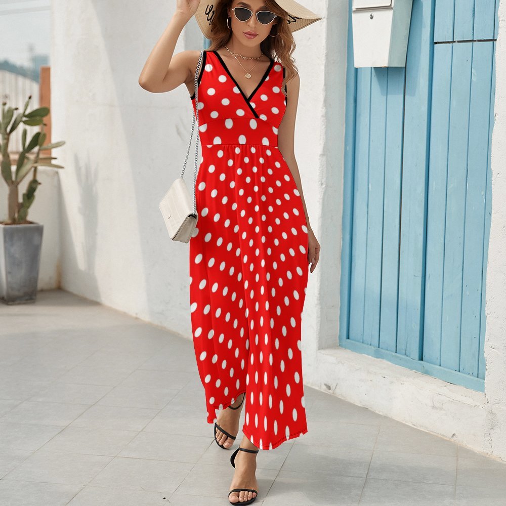 Red With White Polka Dots Women's Long Sleeveless Dress