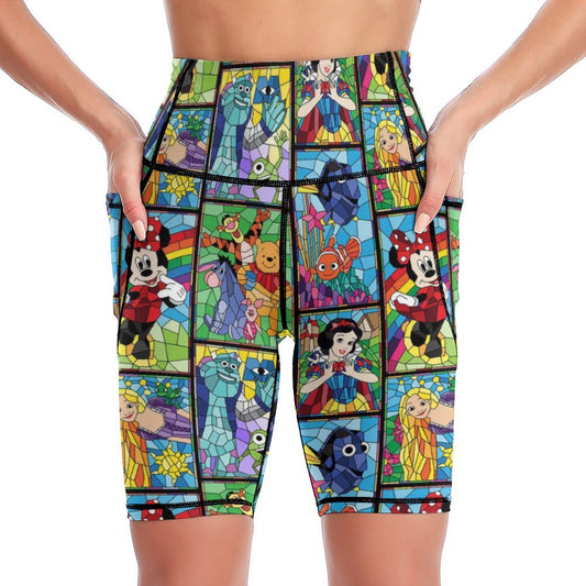 Stained Glass Characters Women's Knee Length Athletic Yoga Shorts With Pockets