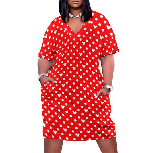 Red With White Mickey Polka Dots Women's V-neck Loose Dress With Pockets