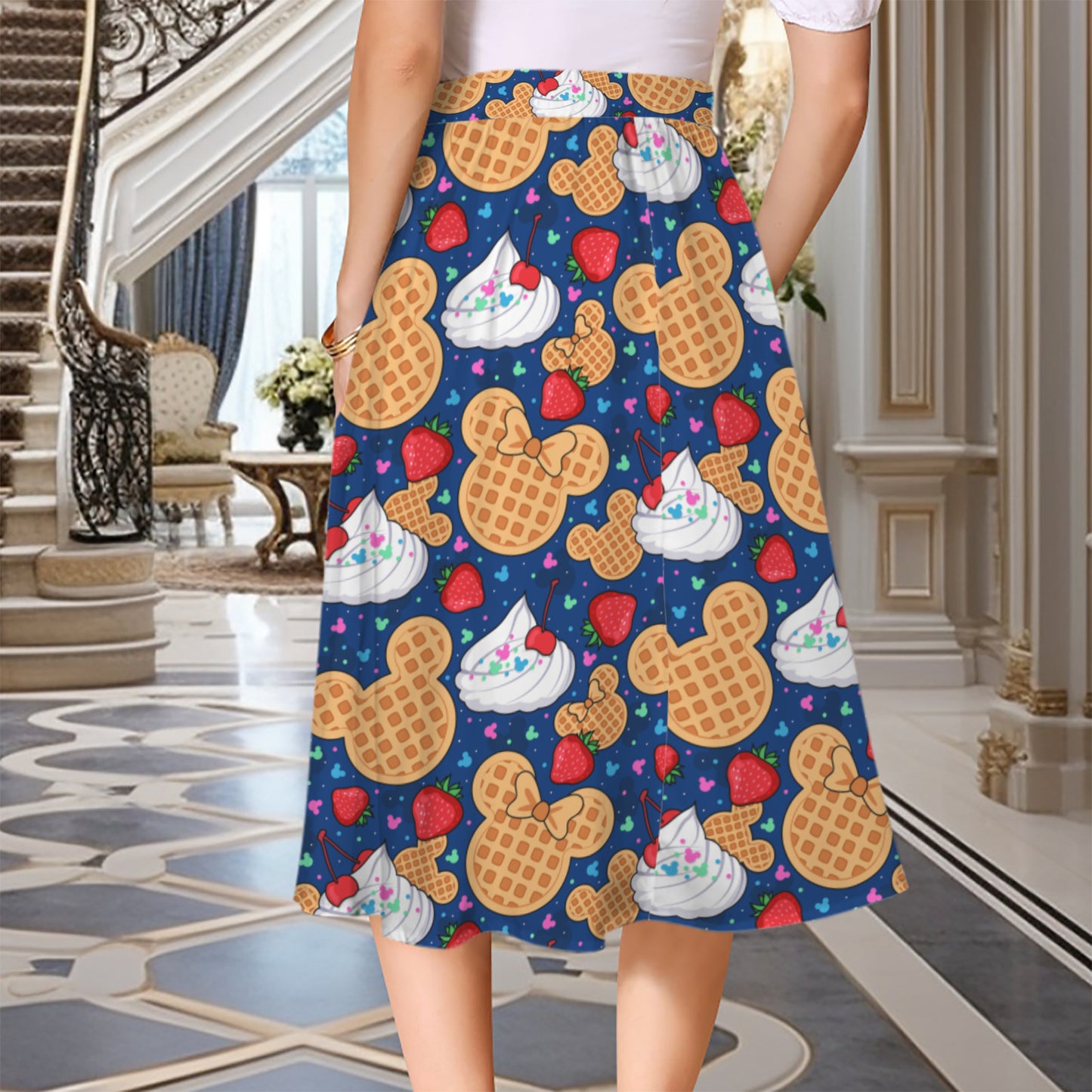 Mickey Waffles Elastic Waist Midi Skirt With Pockets