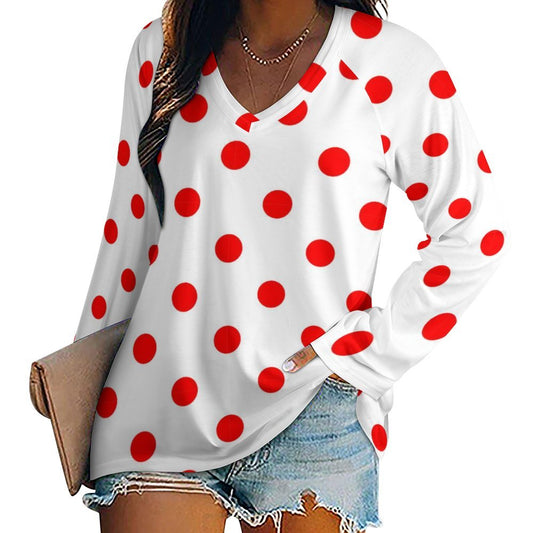 White With Red Polka Dots Long Sleeve Loose V-Neck Tee