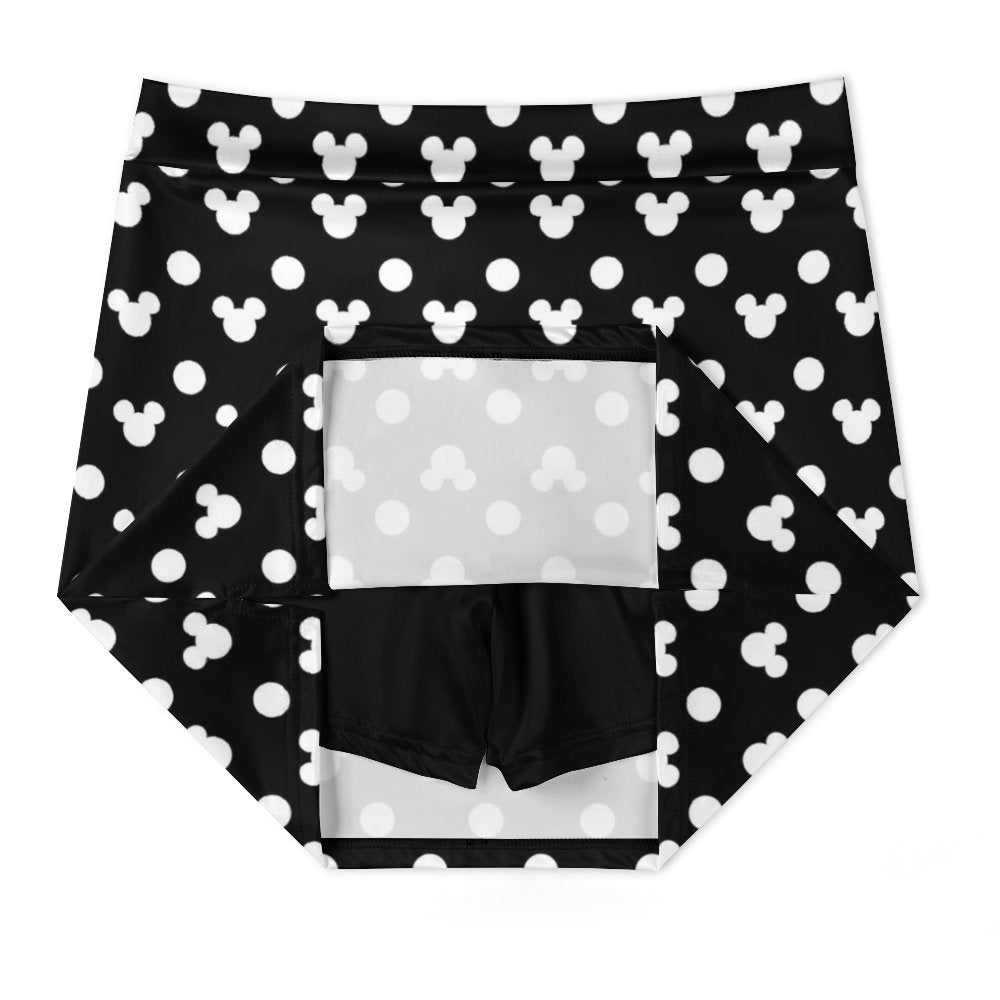 Black With White Mickey Polka Dots Athletic A-Line Skirt With Pocket Solid Shorts