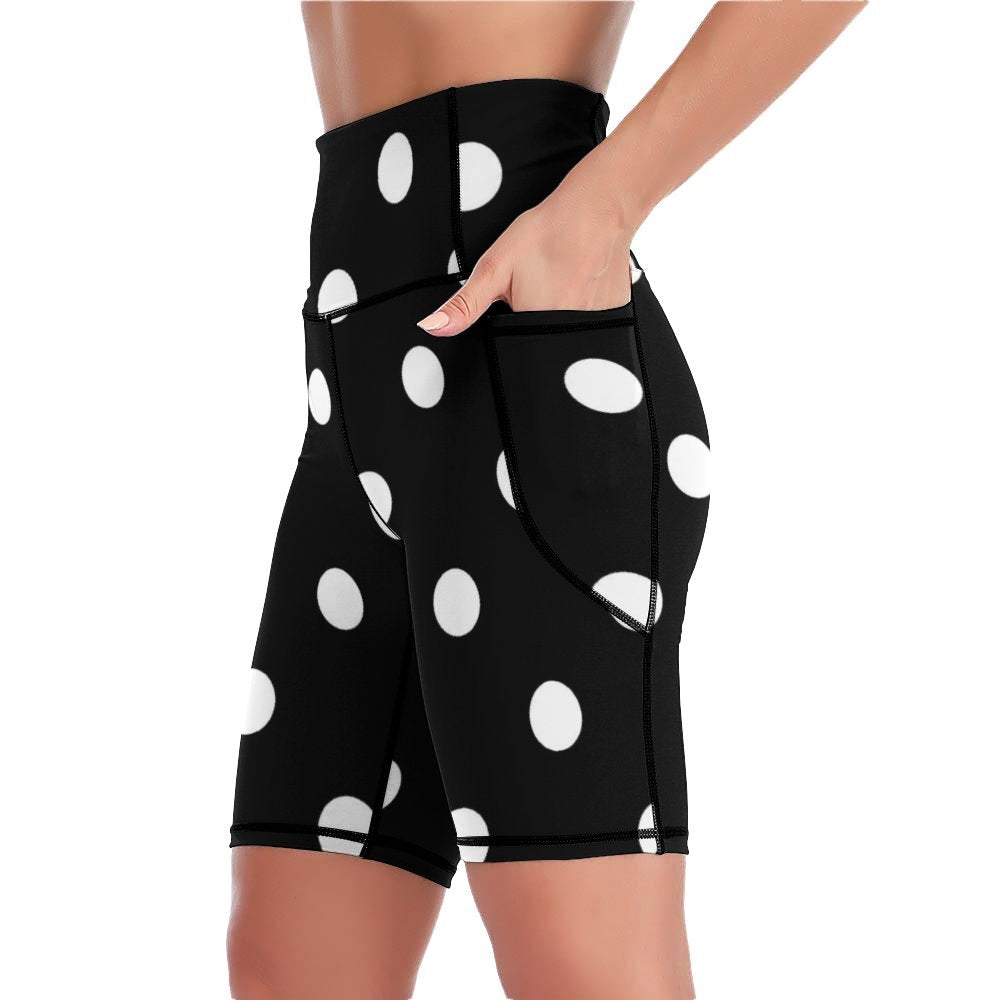 Black With White Polka Dots Women's Knee Length Athletic Yoga Shorts With Pockets