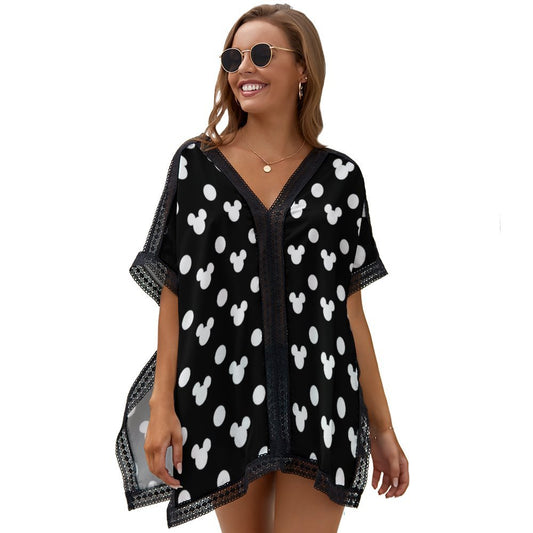Black With White Mickey Polka Dots Women's Swimsuit Cover Up