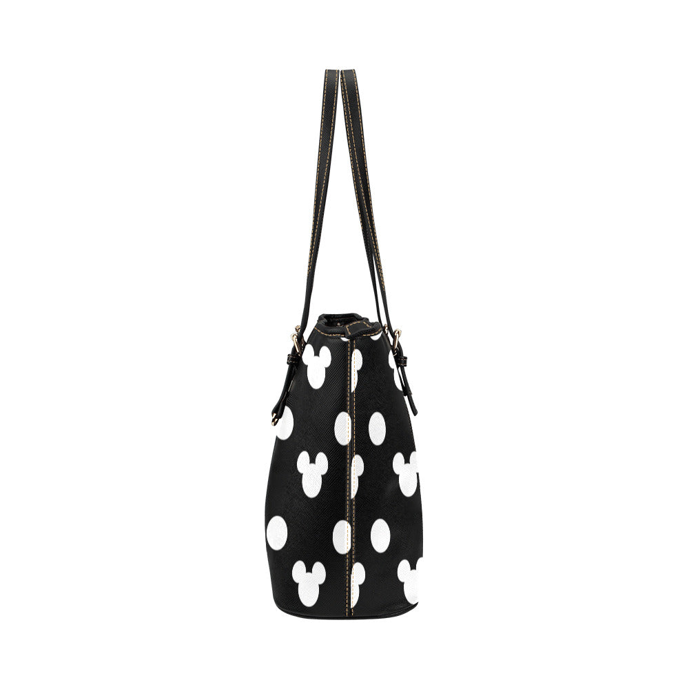 Black With White Mickey Polka Dots Leather Tote Bag