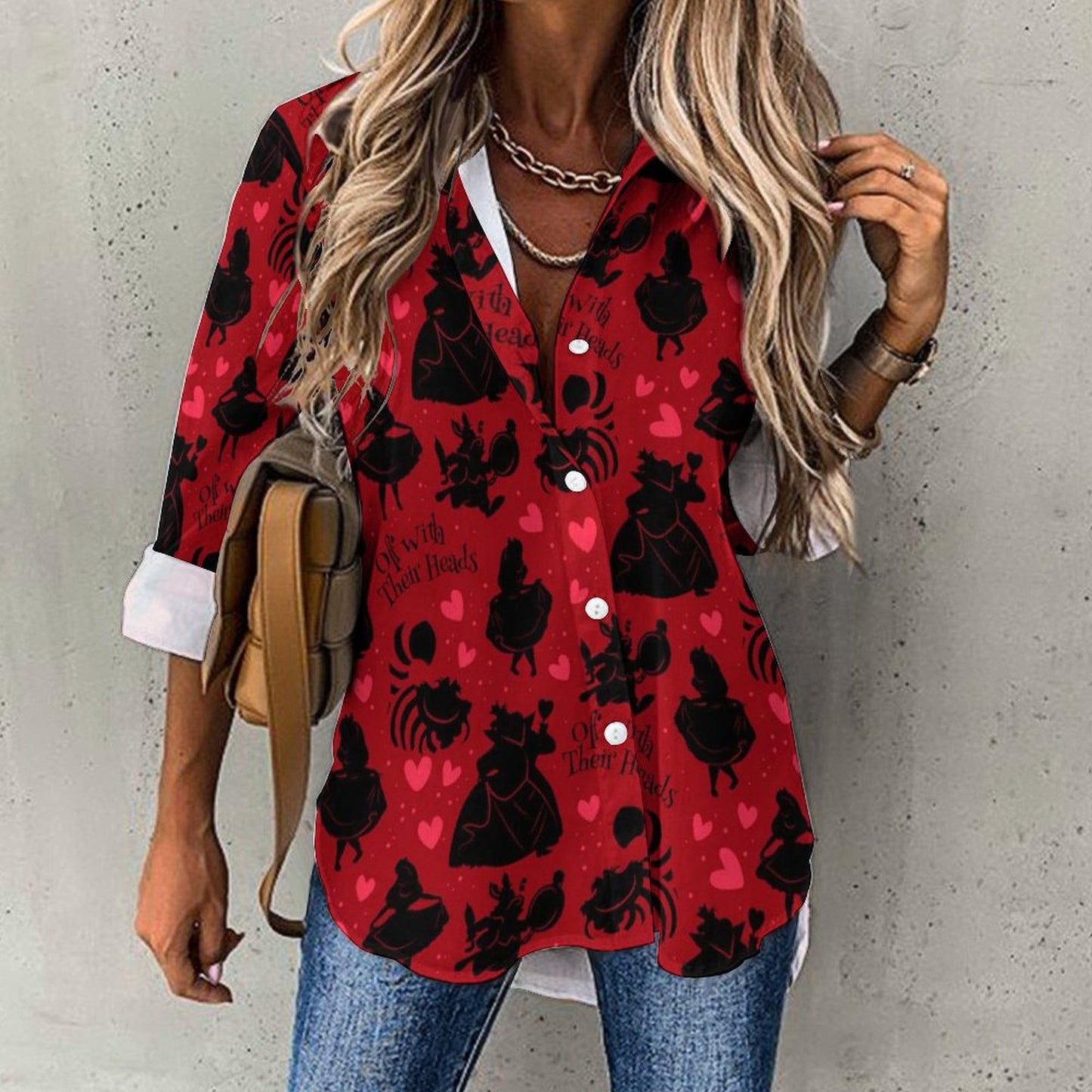 Disney Alice In Wonderland Queen Of Hearts Off With Their Heads Long Sleeve Button Up Blouse