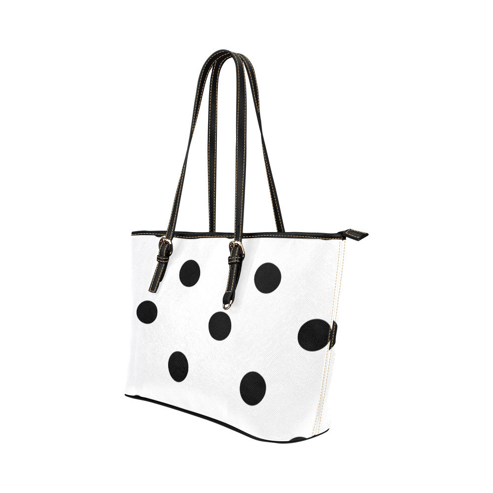 White With Black Polka Dots Leather Tote Bag