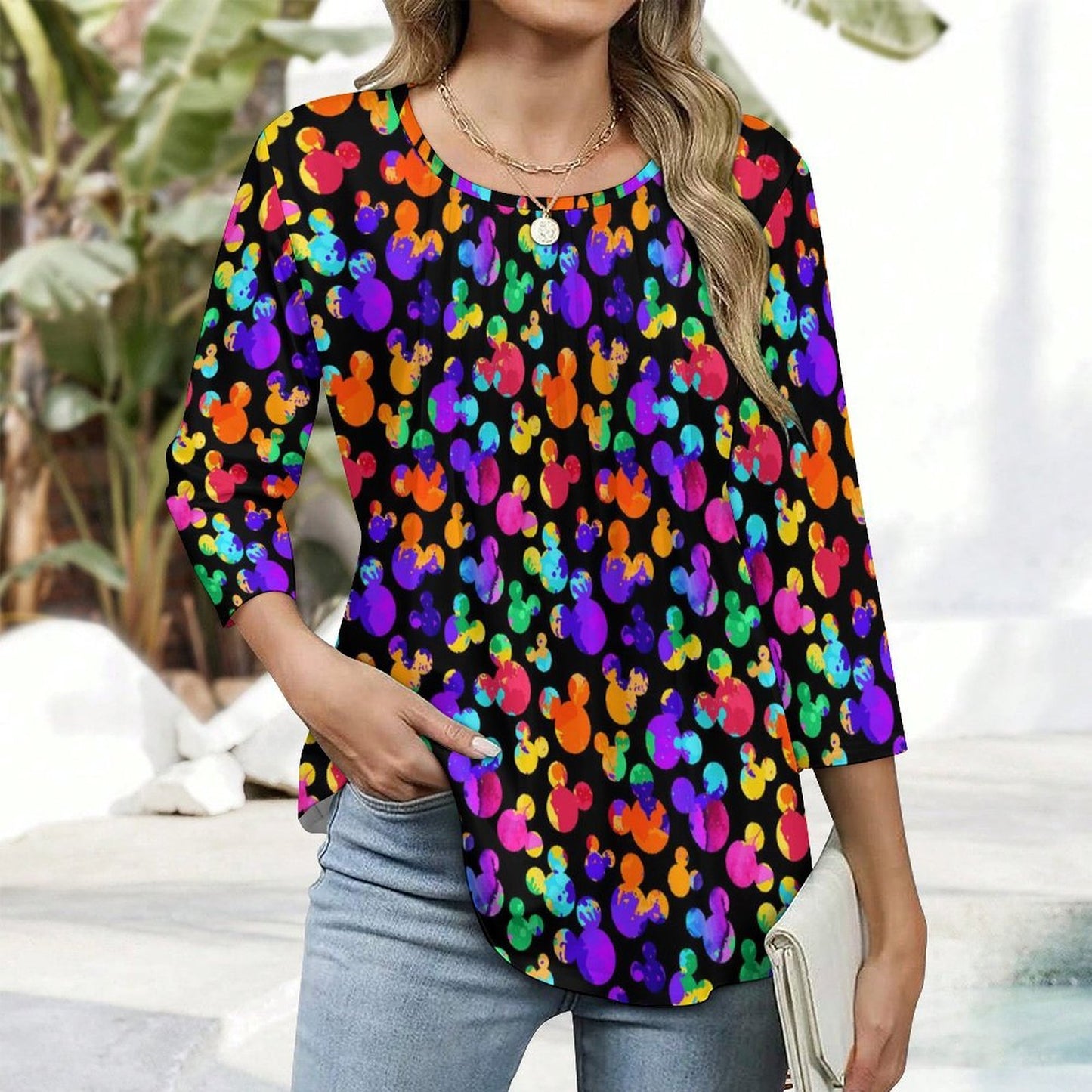 Watercolor Women's 3/4 Sleeve Pleated Tunic Top - Ambrie