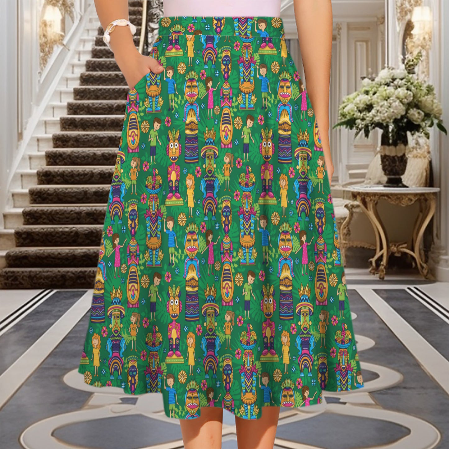 Vintage Tiki Room Elastic Waist Midi Skirt With Pockets