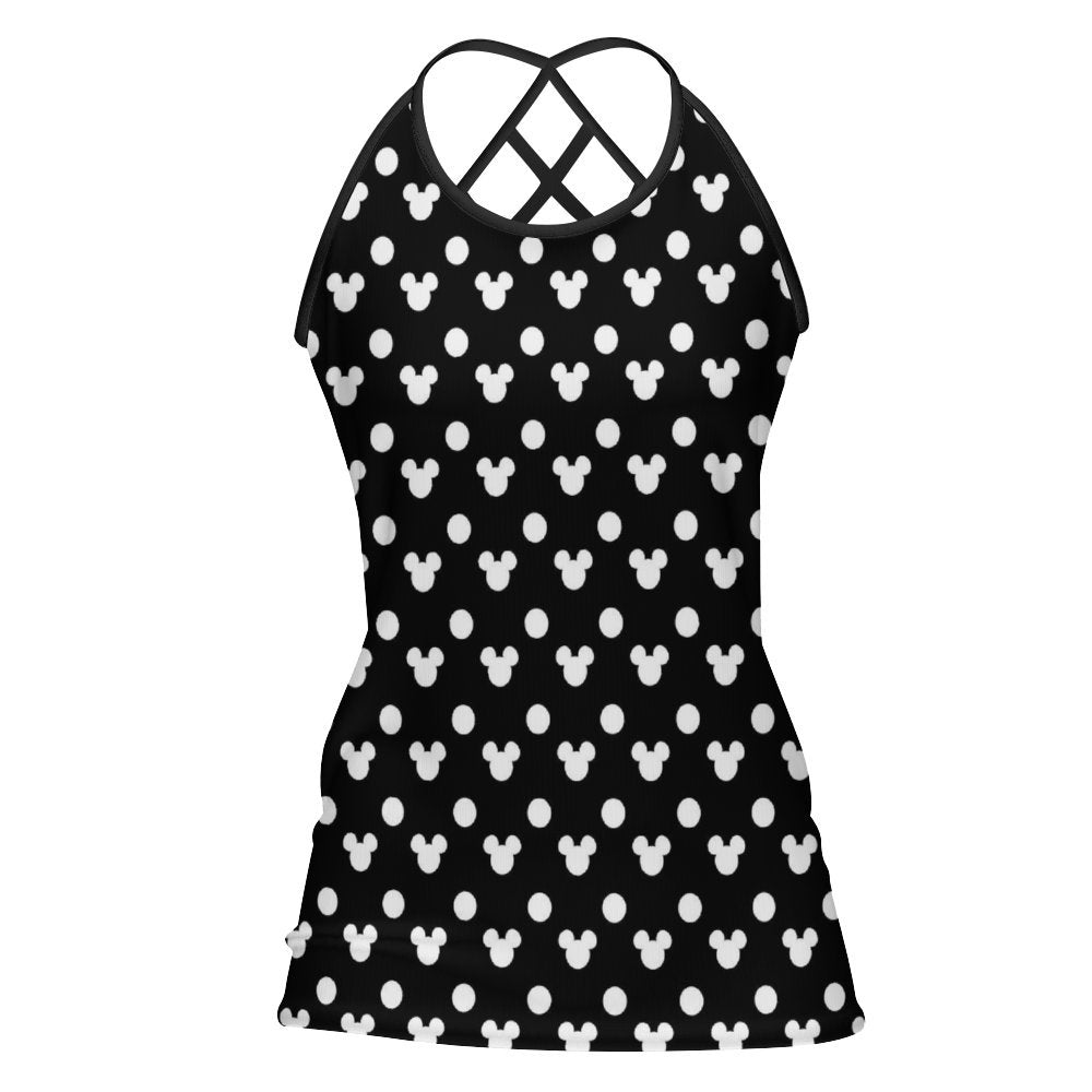 Black With White Mickey Polka Dots Women's Criss-Cross Open Back Tank Top