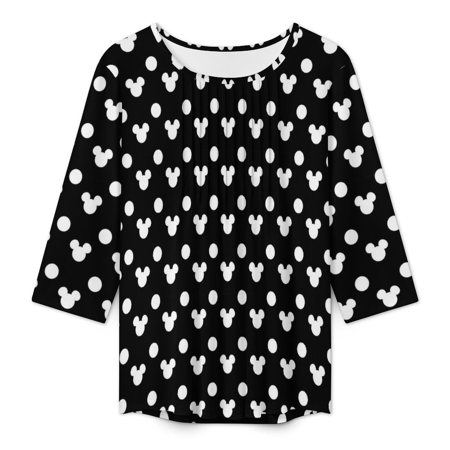 Black With White Mickey Polka Dots Women's 3/4 Sleeve Pleated Tunic Top - Ambrie