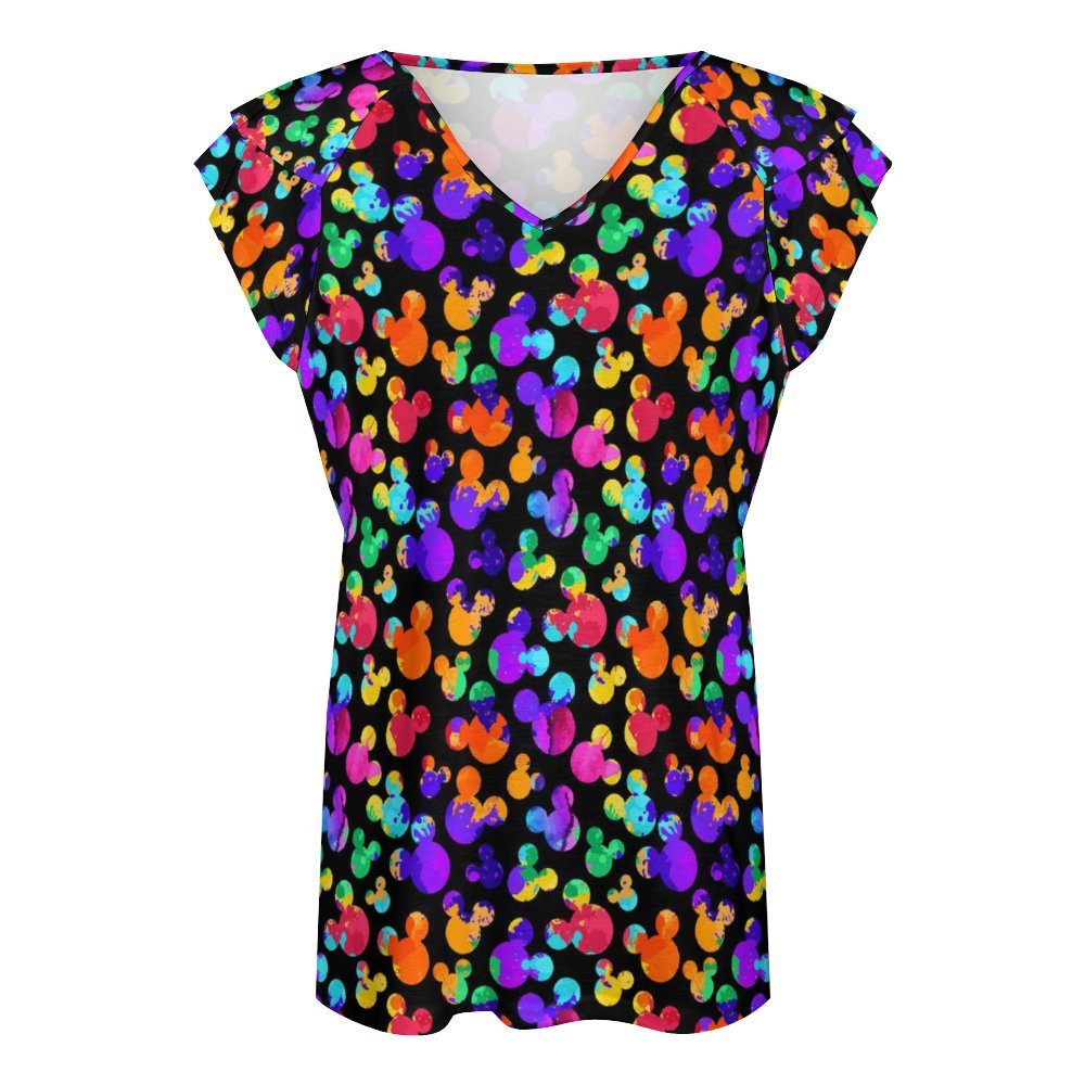 Watercolor Women's Ruffle Sleeve V-Neck T-Shirt