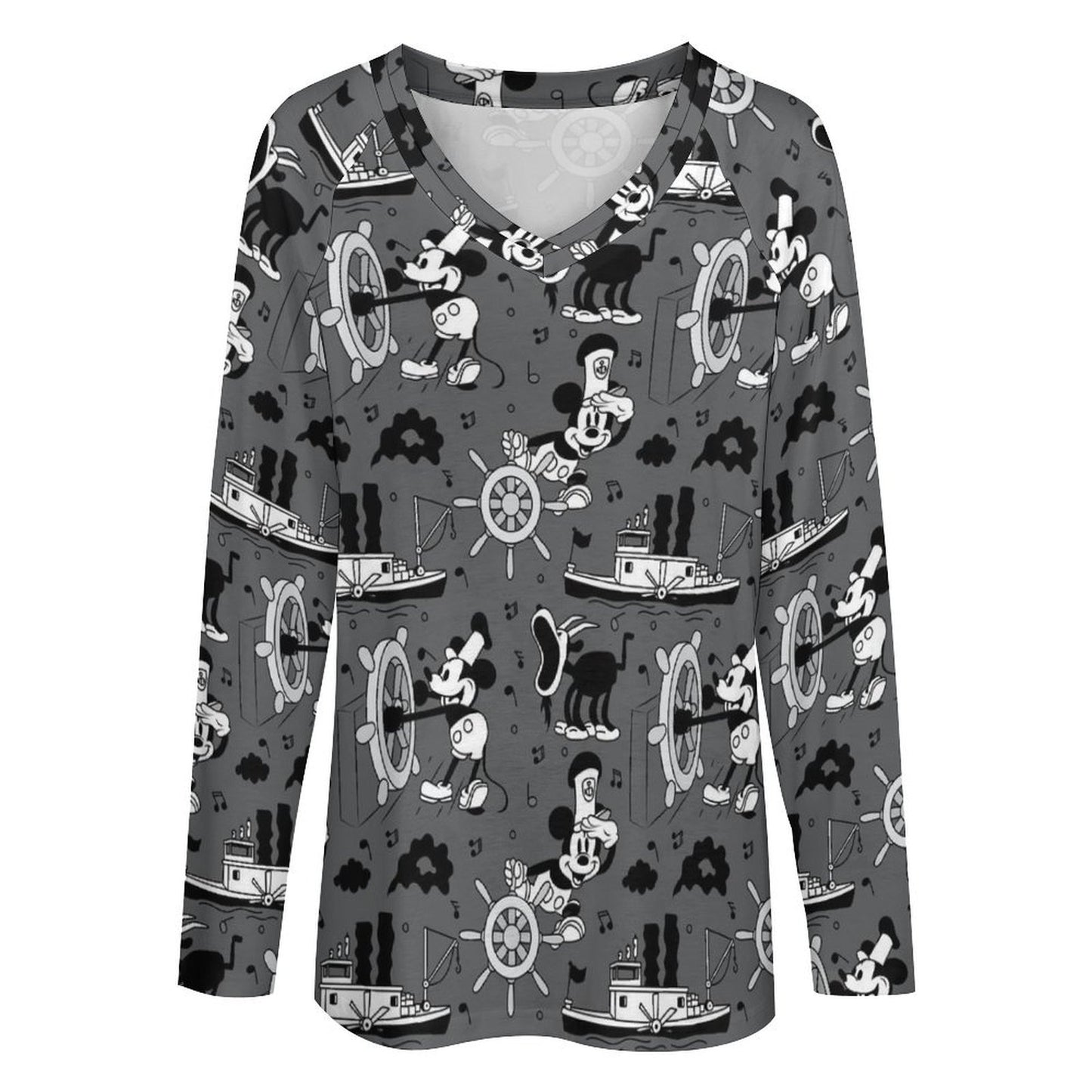 Steamboat Mickey Long Sleeve Loose V-Neck Tee