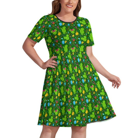 Flower And Garden Women's Round Neck Plus Size Dress With Pockets