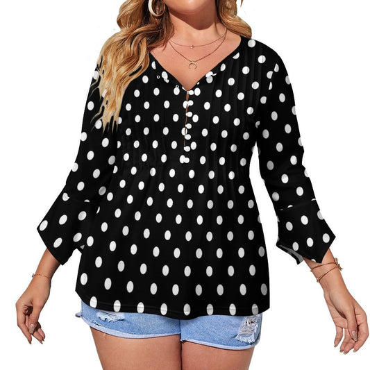 Black With White Polka Dots Women's Ruffled Petal Sleeve Top