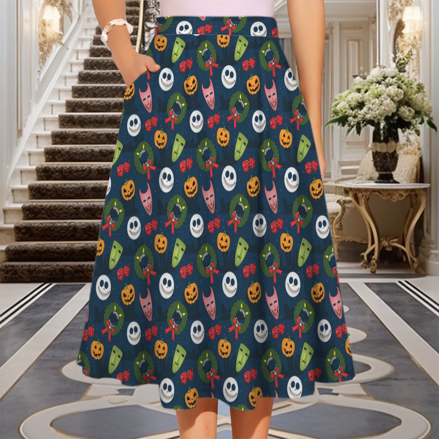 Nightmare Before Christmas Elastic Waist Midi Skirt With Pockets
