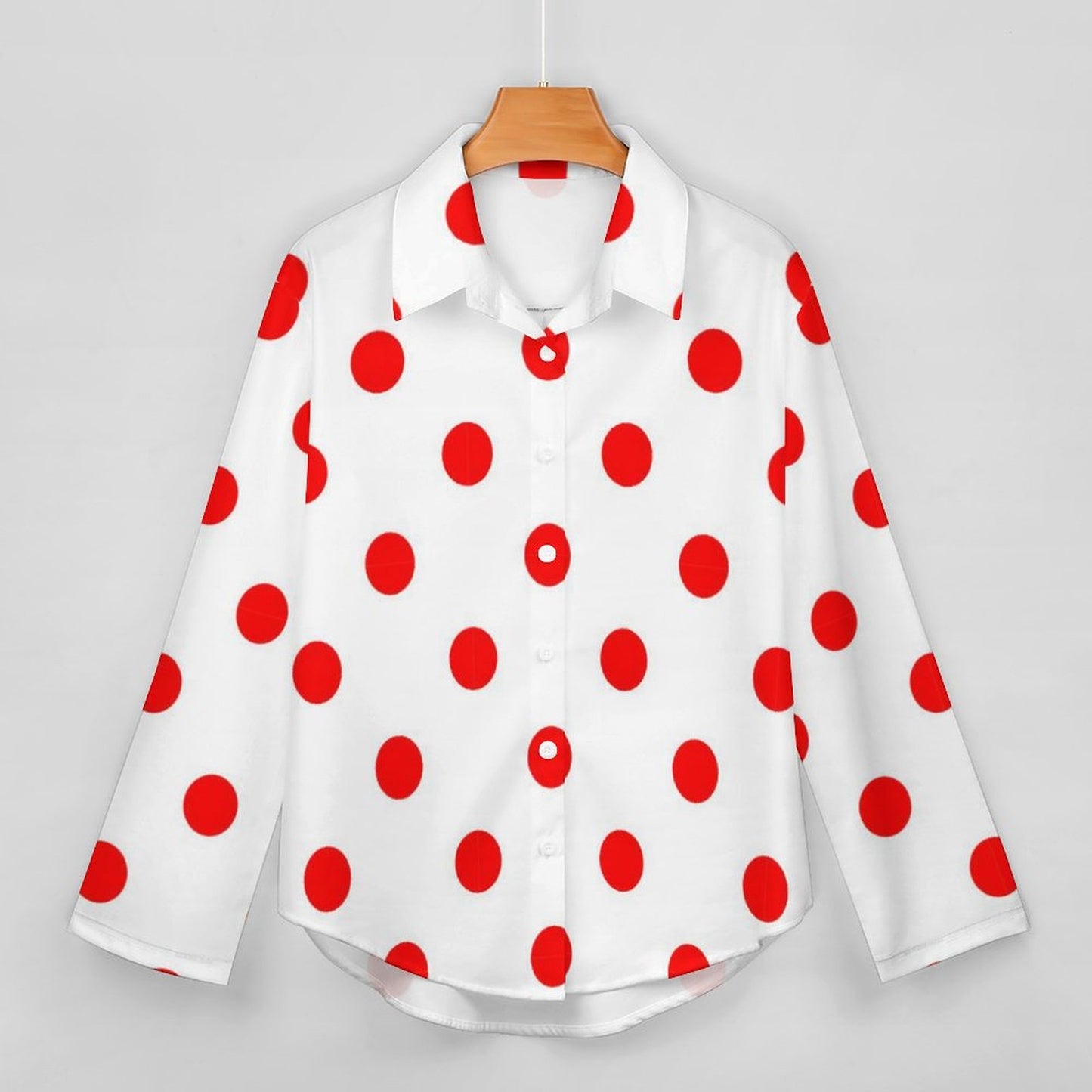 White With Red Polka Dots Long Sleeve Button Up Blouse