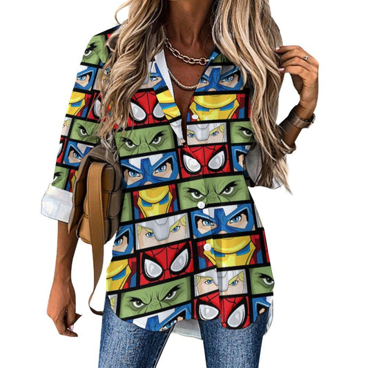Super Heroes Eyes Long Sleeve Button Up Blouse