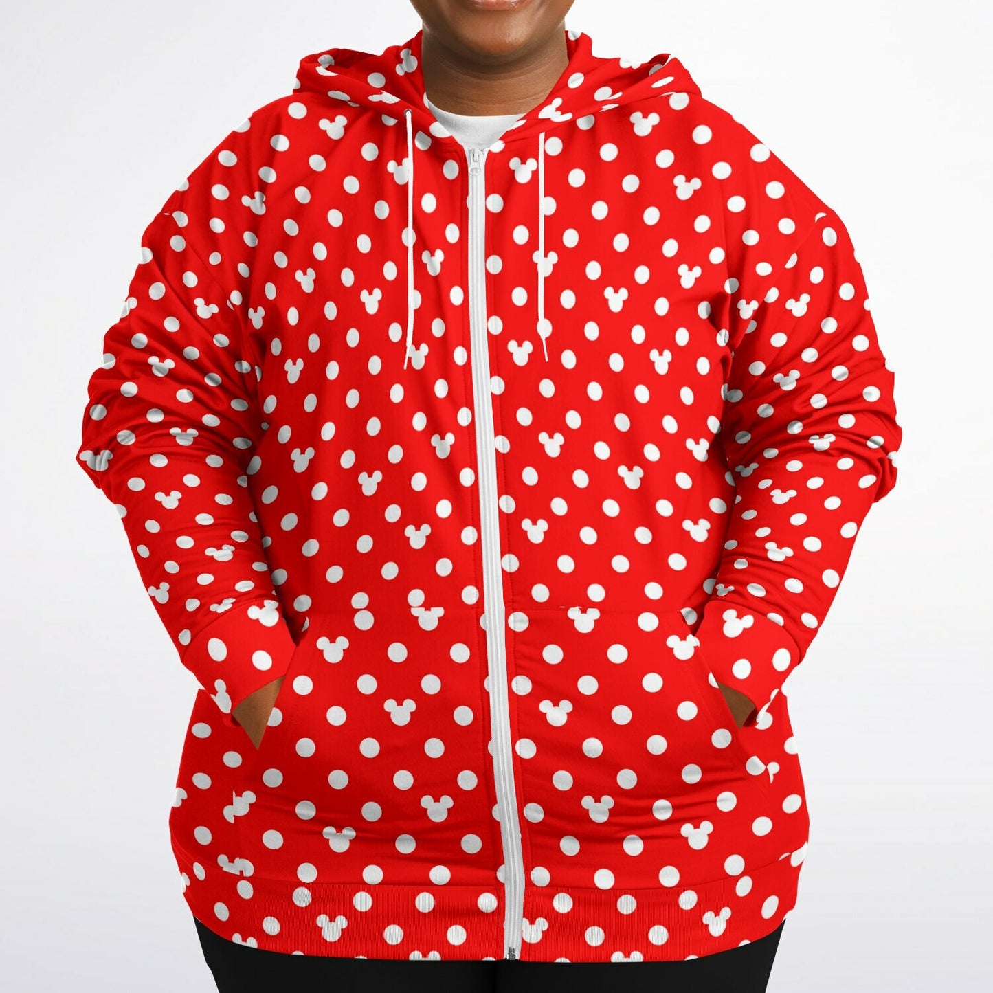 Red With White Mickey Polka Dots Plus-size Unisex Zip Hoodie