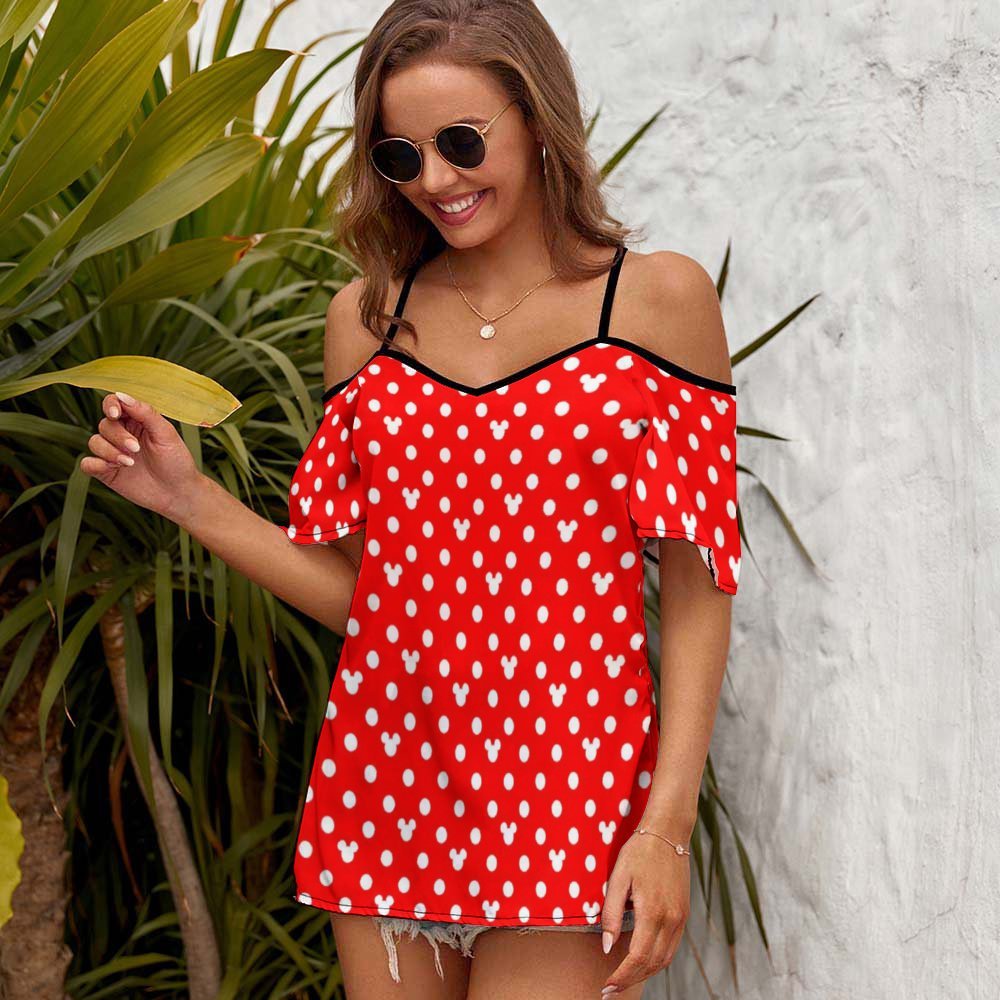 Red With White Mickey Polka Dots Women's Off-Shoulder Cold Shoulder Camisole Top