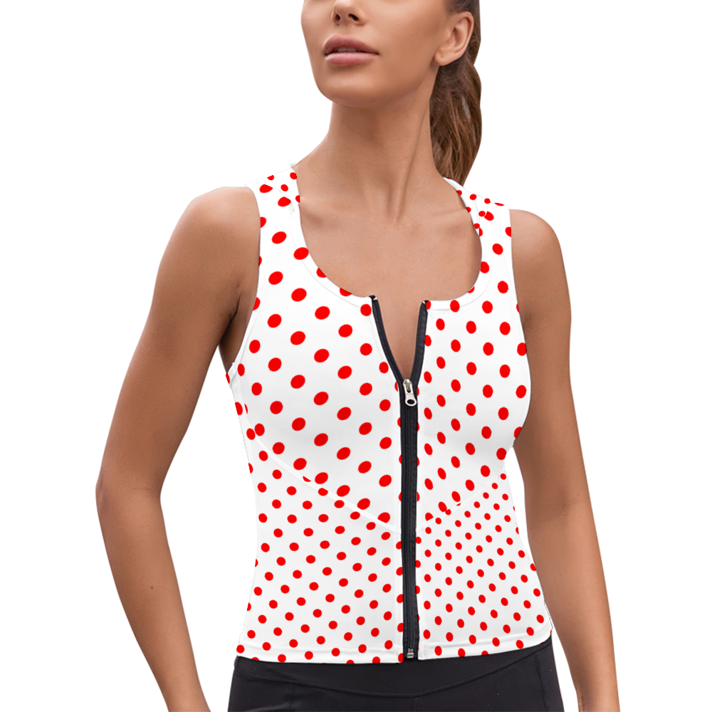 White With Red Polka Dots Women's Athletic V-Neck Sleeveless Hoodie Vest Tank Top