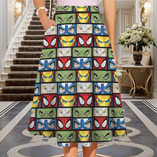 Super Heroes Eyes Elastic Waist Midi Skirt With Pockets