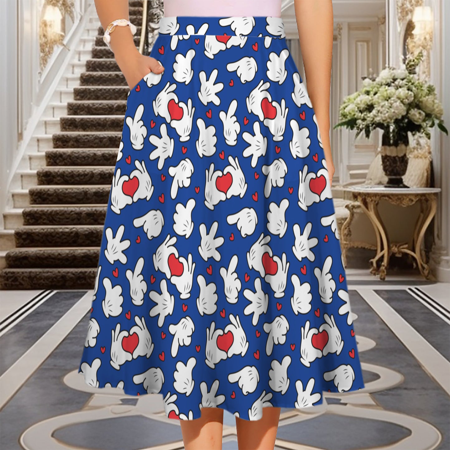 Happy Hands Elastic Waist Midi Skirt With Pockets
