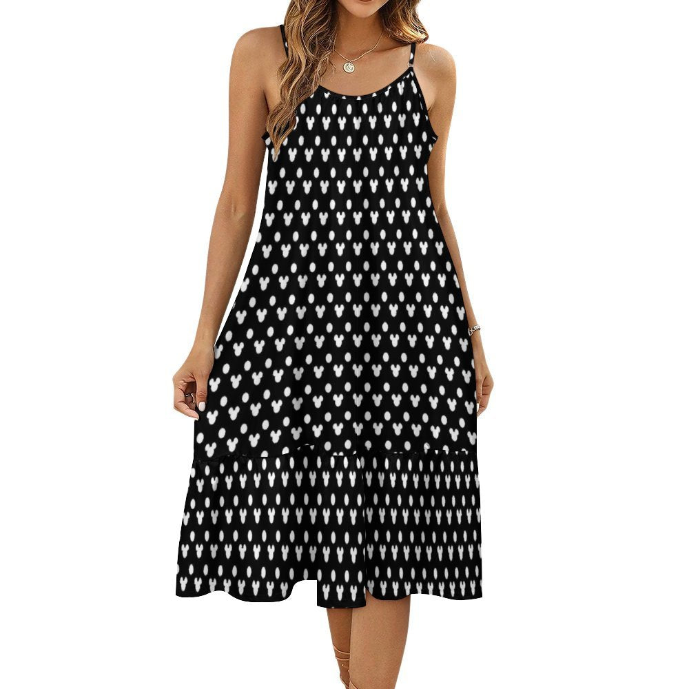 Black With White Mickey Polka Dots Suspender Sleeveless Dress