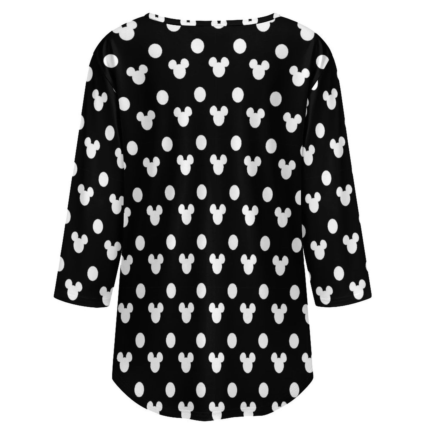 Black With White Mickey Polka Dots Women's 3/4 Sleeve Pleated Tunic Top - Ambrie