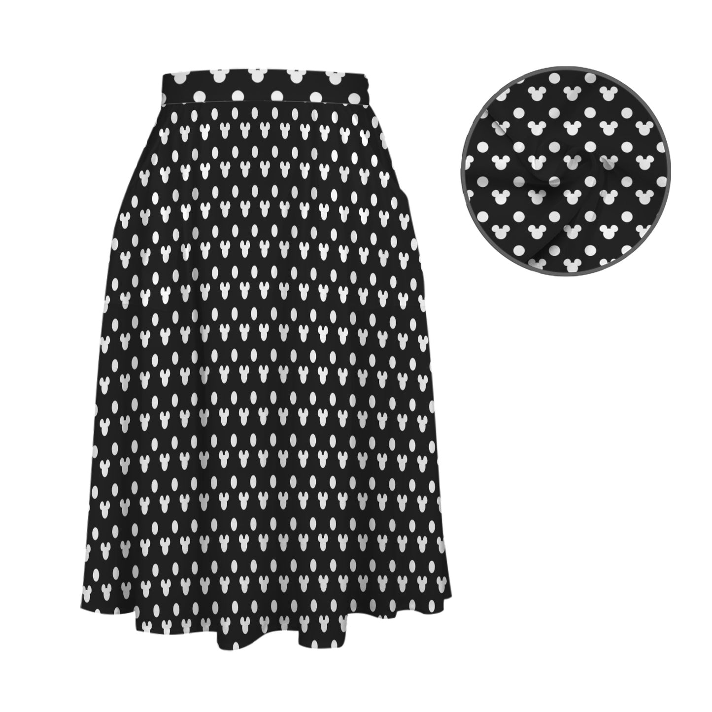 Black With White Mickey Polka Dots Elastic Waist Midi Skirt With Pockets
