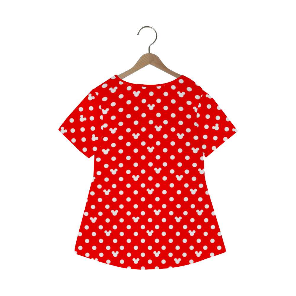 Red With White Mickey Polka Dots Women's Crew Neck Loose Tunic