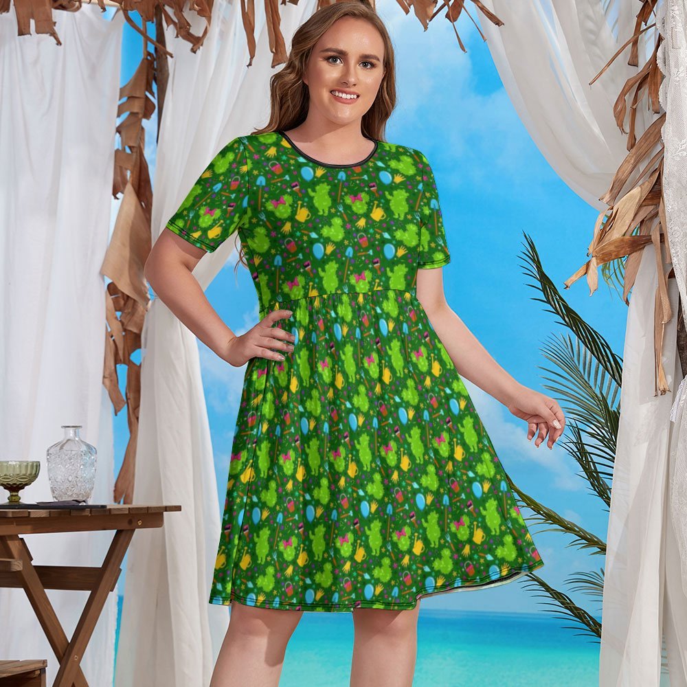 Flower And Garden Women's Round Neck Plus Size Dress With Pockets