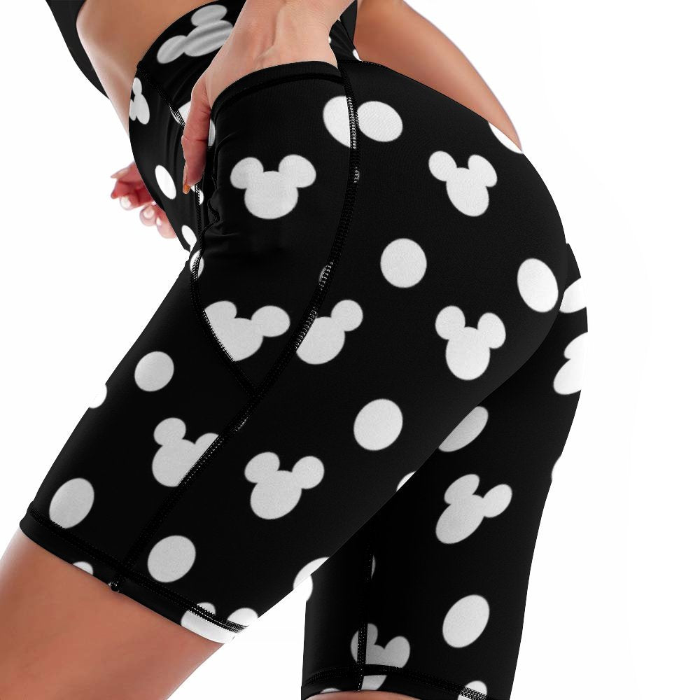 Black With White Mickey Polka Dots Women's Knee Length Athletic Yoga Shorts With Pockets