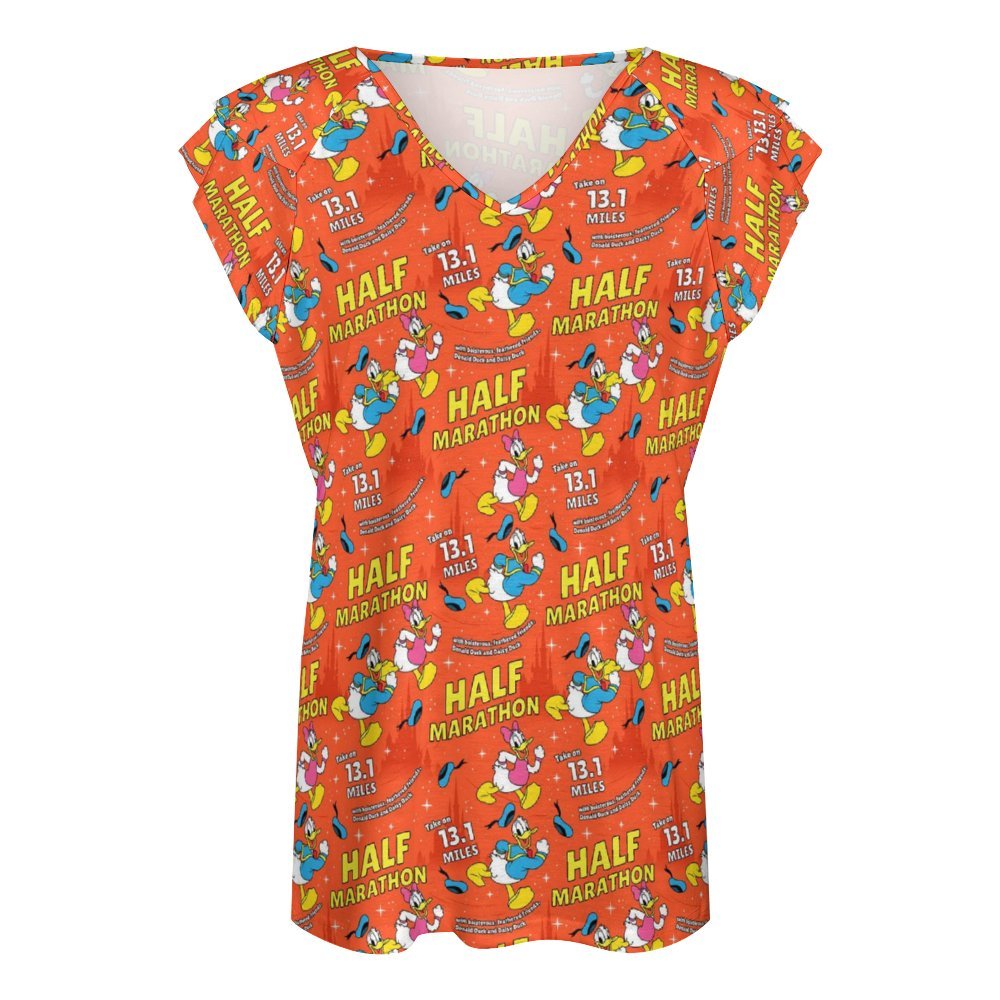 Donald And Daisy Half Marathon Women's Ruffle Sleeve V-Neck T-Shirt