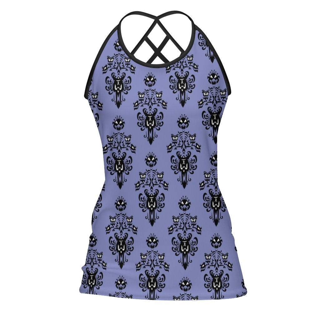 Haunted Mansion Wallpaper Women's Criss-Cross Open Back Tank Top